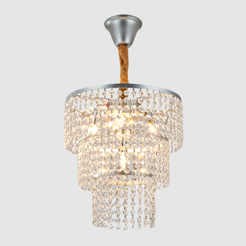 4 Lights Bedroom Suspension Light Modernism Silver Chandelier with 3-Tier Round Crystal Strand Shade Clearhalo 'Ceiling Lights' 'Chandeliers' 'Modern Chandeliers' 'Modern' Lighting' 1031089