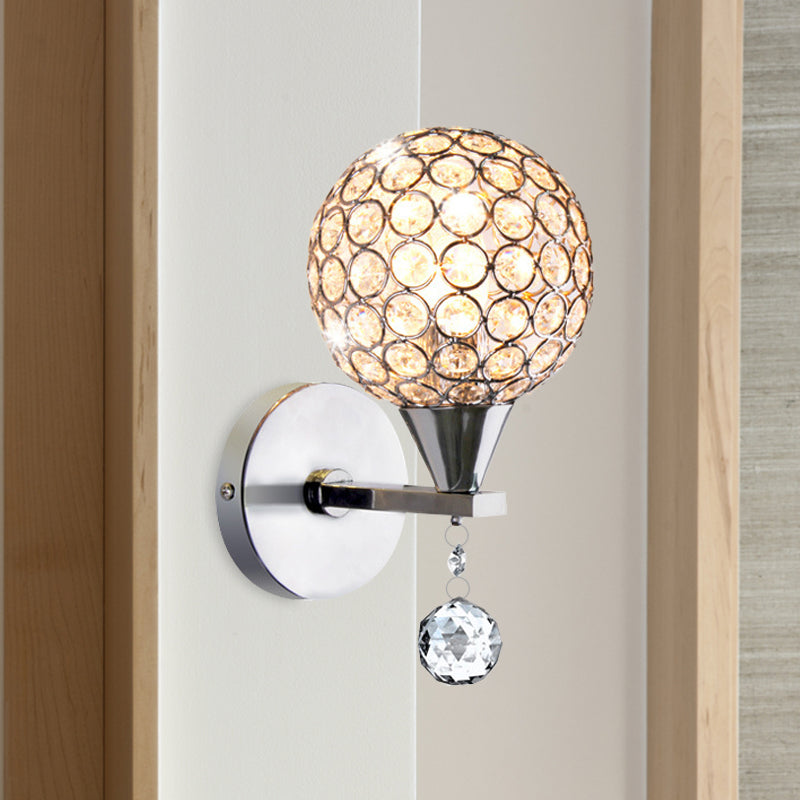 Globe Bedroom Wall Mount Lighting Crystal Encrusted 1 Head Modern Wall Light in Chrome Clearhalo 'Modern wall lights' 'Modern' 'Wall Lamps & Sconces' 'Wall Lights' Lighting' 1031120