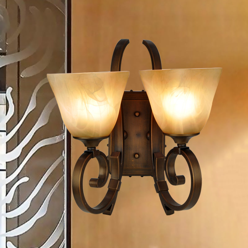 Minimalism Tapered Sconce Lighting 2 Lights Crackled Glass Wall Lamp Fixture with Scrolled Arm in Bronze Bronze Clearhalo 'Wall Lamps & Sconces' 'Wall Lights' Lighting' 1031604