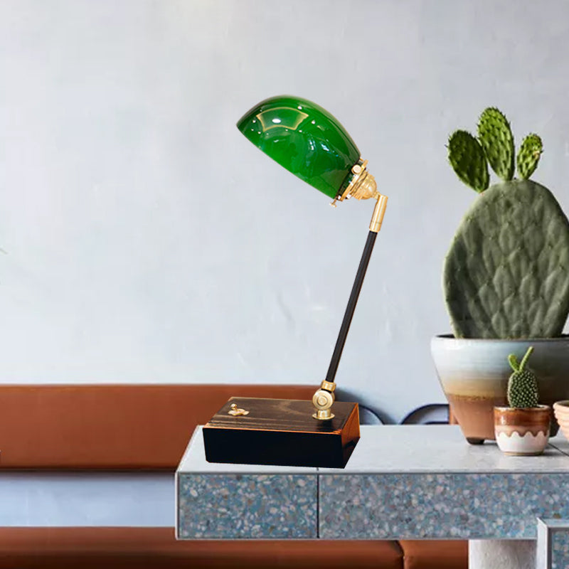 Semi-Sphere Green Glass Reading Lighting Retro 1-Light Study Room Nightstand Lamp in Black Clearhalo 'Lamps' 'Table Lamps' Lighting' 1031674