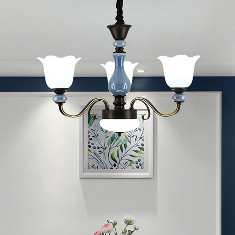 Blue Floral Shape Hanging Chandelier Countryside Milk Glass 3 Bulbs Dining Room Pendant Light Kit with Swirled Arm 3 Blue Clearhalo 'Ceiling Lights' 'Chandeliers' Lighting' options 1031736_1056a93d-6efc-46df-8ca9-0c14d40a7027