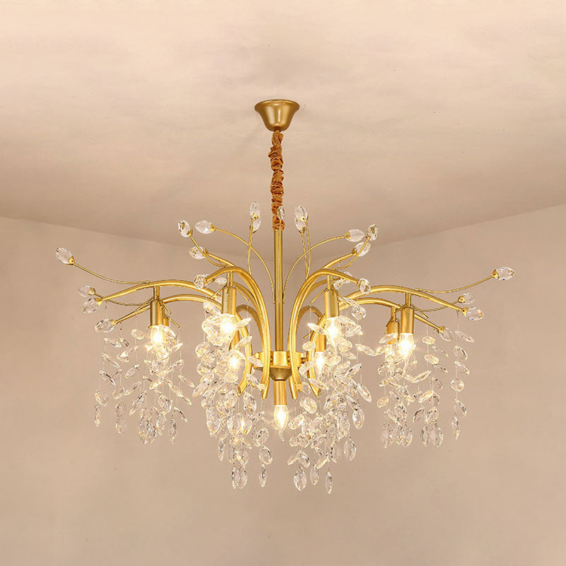 9-Bulb Chandelier Light Nordic Starburst Crystal Drip Suspension Pendant Light in Gold Clearhalo 'Ceiling Lights' 'Chandeliers' 'Modern Chandeliers' 'Modern' Lighting' 1031846