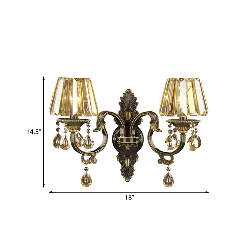 2 Bulbs Draping Crystal Teardrop Sconce Light Modern Amber Tapered Living Room Wall Mounted Lighting Clearhalo 'Cast Iron' 'Glass' 'Industrial' 'Modern wall lights' 'Modern' 'Tiffany' 'Traditional wall lights' 'Wall Lamps & Sconces' 'Wall Lights' Lighting' 1031967