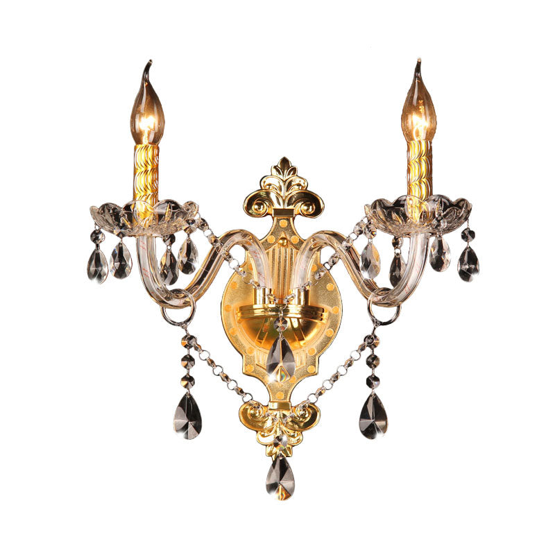 2-Light Wall Sconce Lighting Minimalist Candlestick Crystal Teardrop Wall Mounted Light Fixture in Gold Clearhalo 'Modern wall lights' 'Modern' 'Wall Lamps & Sconces' 'Wall Lights' Lighting' 1031981