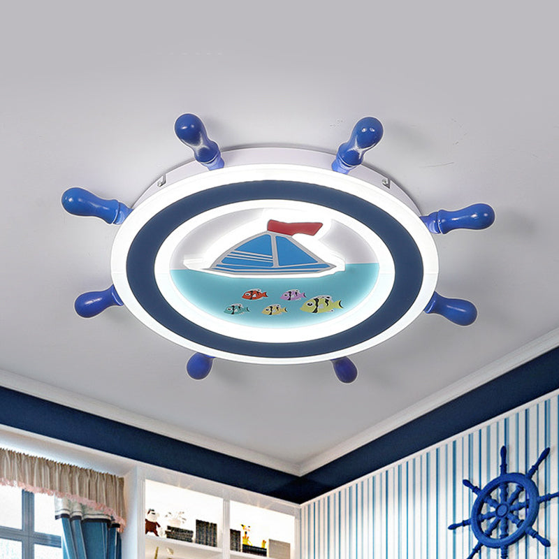 Nautical Rudder Flush Mount Pendant Fixture Acrylic LED Bedroom Ceiling Lighting with Sailboat Pattern in Blue and White Blue-White A Clearhalo 'Ceiling Lights' 'Close To Ceiling Lights' 'Close to ceiling' 'Flush mount' Lighting' 1032270