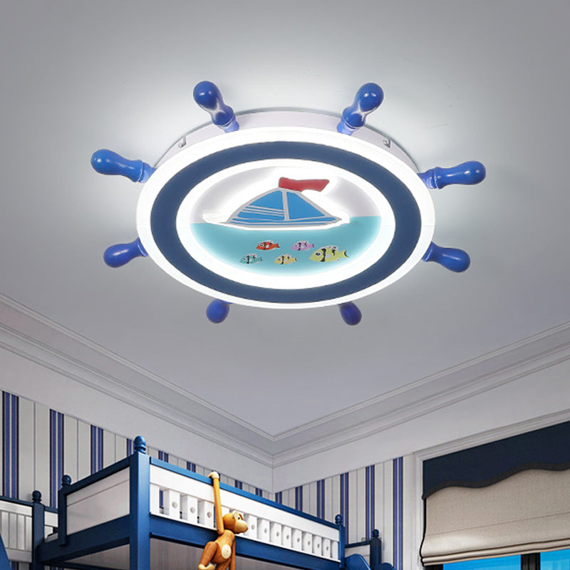 Nautical Rudder Flush Mount Pendant Fixture Acrylic LED Bedroom Ceiling Lighting with Sailboat Pattern in Blue and White Clearhalo 'Ceiling Lights' 'Close To Ceiling Lights' 'Close to ceiling' 'Flush mount' Lighting' 1032271
