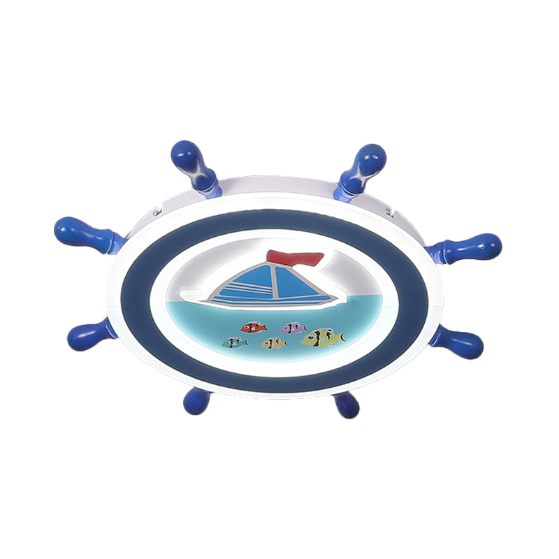 Nautical Rudder Flush Mount Pendant Fixture Acrylic LED Bedroom Ceiling Lighting with Sailboat Pattern in Blue and White Clearhalo 'Ceiling Lights' 'Close To Ceiling Lights' 'Close to ceiling' 'Flush mount' Lighting' 1032273