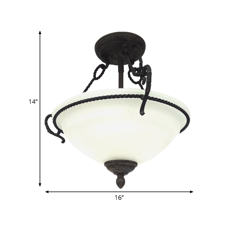 Vintage Bowl Semi-Mount Lighting 3 Lights Cream Glass Flush Chandelier with Rope Detail in Black Clearhalo 'Ceiling Lights' 'Close To Ceiling Lights' 'Close to ceiling' 'Semi-flushmount' Lighting' 1033808