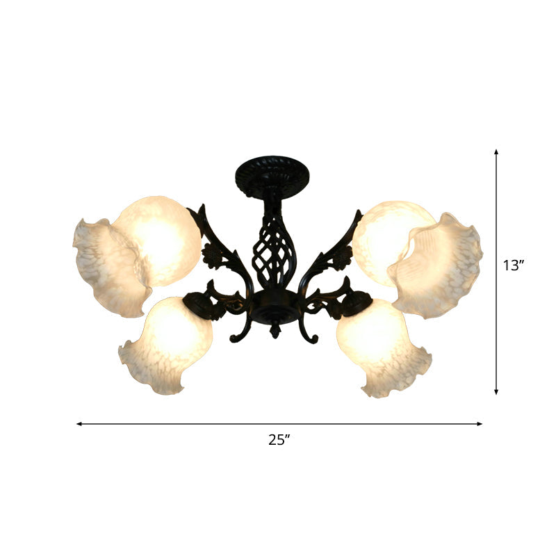 Vintage Blossom Semi-Flush Light 4 Bulbs Opal Glass Flush Chandelier in Black for Study Room Clearhalo 'Ceiling Lights' 'Close To Ceiling Lights' 'Close to ceiling' 'Semi-flushmount' Lighting' 1033820