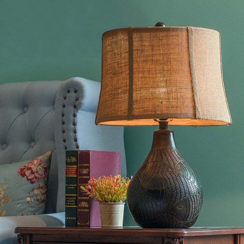 Resin Teardrop Table Light Rustic 1 Bulb Family Room Nightstand Lamp with Flaxen Drum Fabric Shade, 12"/15" Wide Clearhalo 'Lamps' 'Table Lamps' Lighting' 1034250