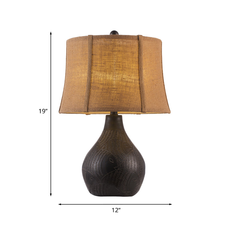 Resin Teardrop Table Light Rustic 1 Bulb Family Room Nightstand Lamp with Flaxen Drum Fabric Shade, 12"/15" Wide Clearhalo 'Lamps' 'Table Lamps' Lighting' 1034252