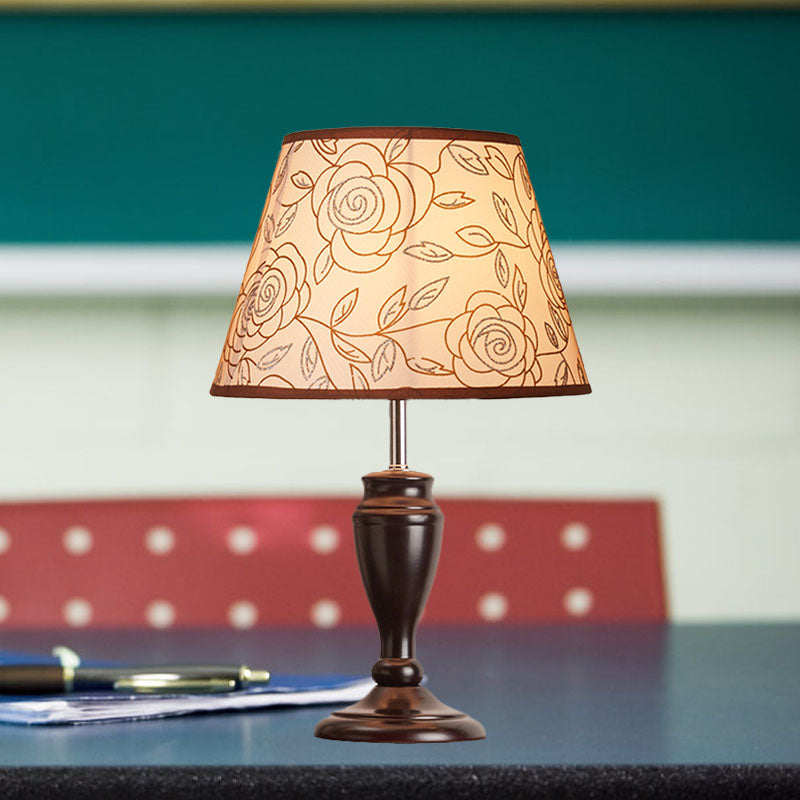 Brown 1 Head Table Light Rural Fabric Tapered Shade Nightstand Lamp with Flower/Slash/Geometric Pattern Clearhalo 'Lamps' 'Table Lamps' Lighting' 1034288