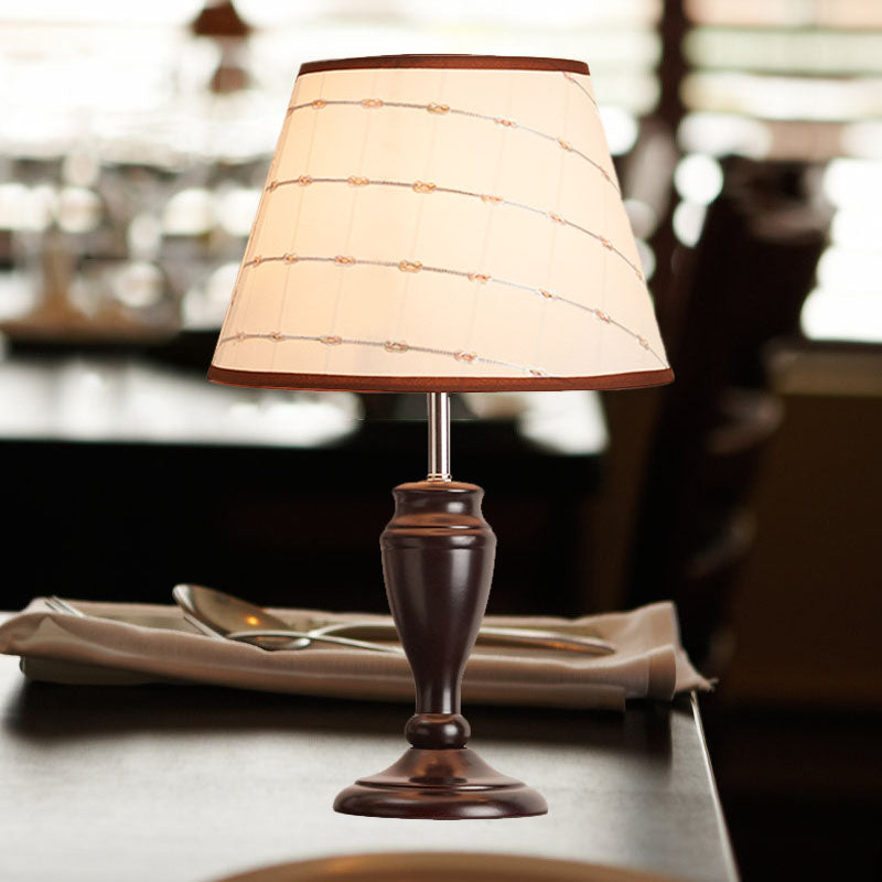 Brown 1 Head Table Light Rural Fabric Tapered Shade Nightstand Lamp with Flower/Slash/Geometric Pattern Clearhalo 'Lamps' 'Table Lamps' Lighting' 1034292