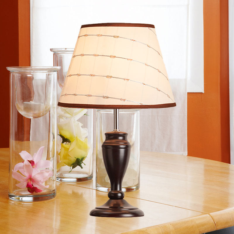 Brown 1 Head Table Light Rural Fabric Tapered Shade Nightstand Lamp with Flower/Slash/Geometric Pattern Clearhalo 'Lamps' 'Table Lamps' Lighting' 1034293