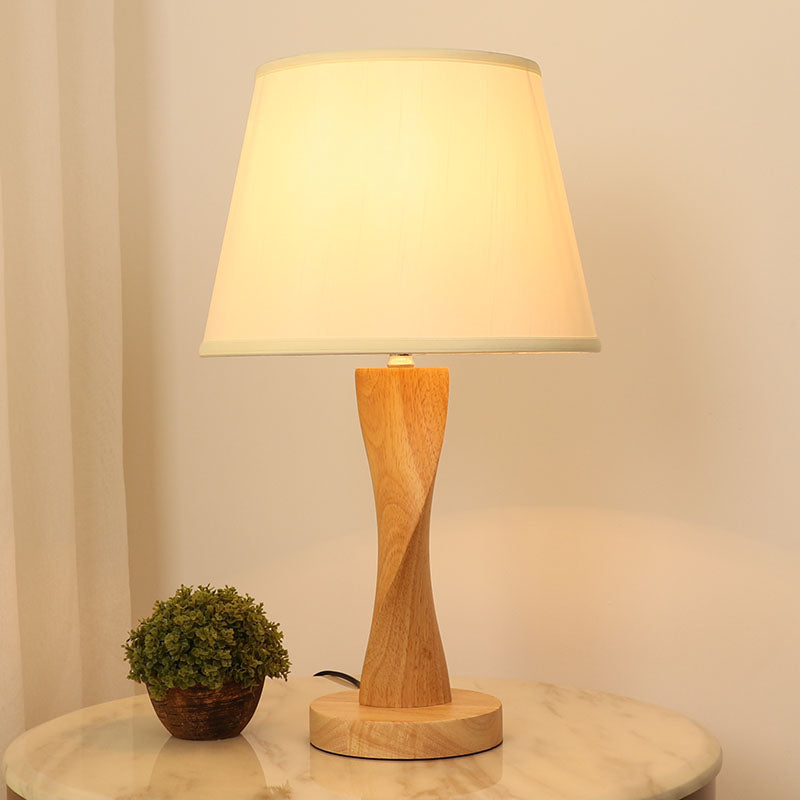 Wood Twisted Night Lamp Cottage 1 Light Living Room Table Lighting with Conic Fabric Shade in Beige/Grey/Flaxen Clearhalo 'Lamps' 'Table Lamps' Lighting' 1034301