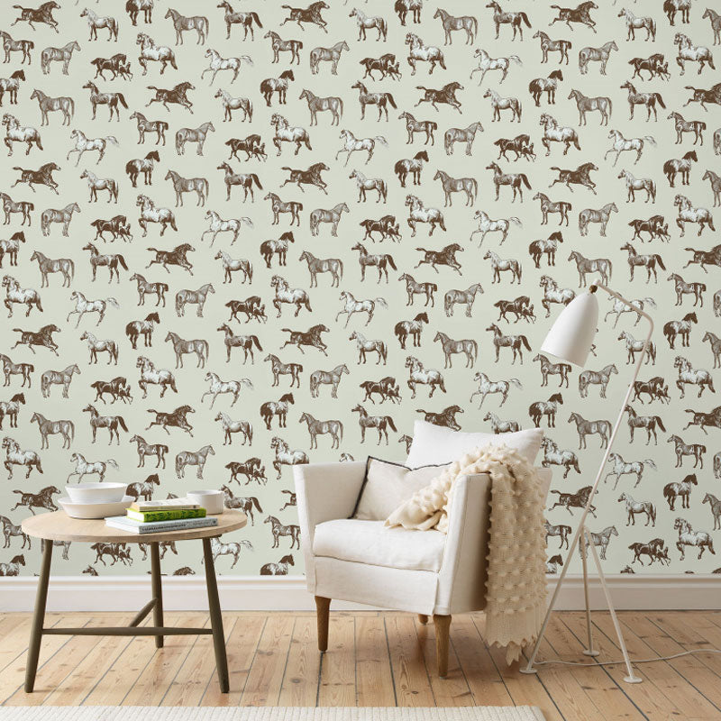 Full Size Minimalist Mural Wallpaper in Grey and Black Galloping Horses Wall Art for Coffee Shop Clearhalo 'Wall Decor' 'Wall Mural' 1036616