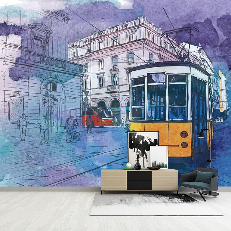 Blue and Yellow Bus Mural Wallpaper Moisture-Resistant Wall Art for Accent Wall Clearhalo 'Wall Decor' 'Wall Mural' 1041827
