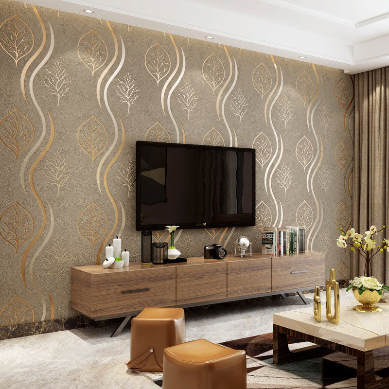 33' x 20.5" Leaves Wallpaper for Bedroom Flock Surface Wall Covering in Natural Color, Moisture-Resistant Khaki Clearhalo 'Modern wall decor' 'Modern' 'Wallpaper' Wall Decor' 1042027