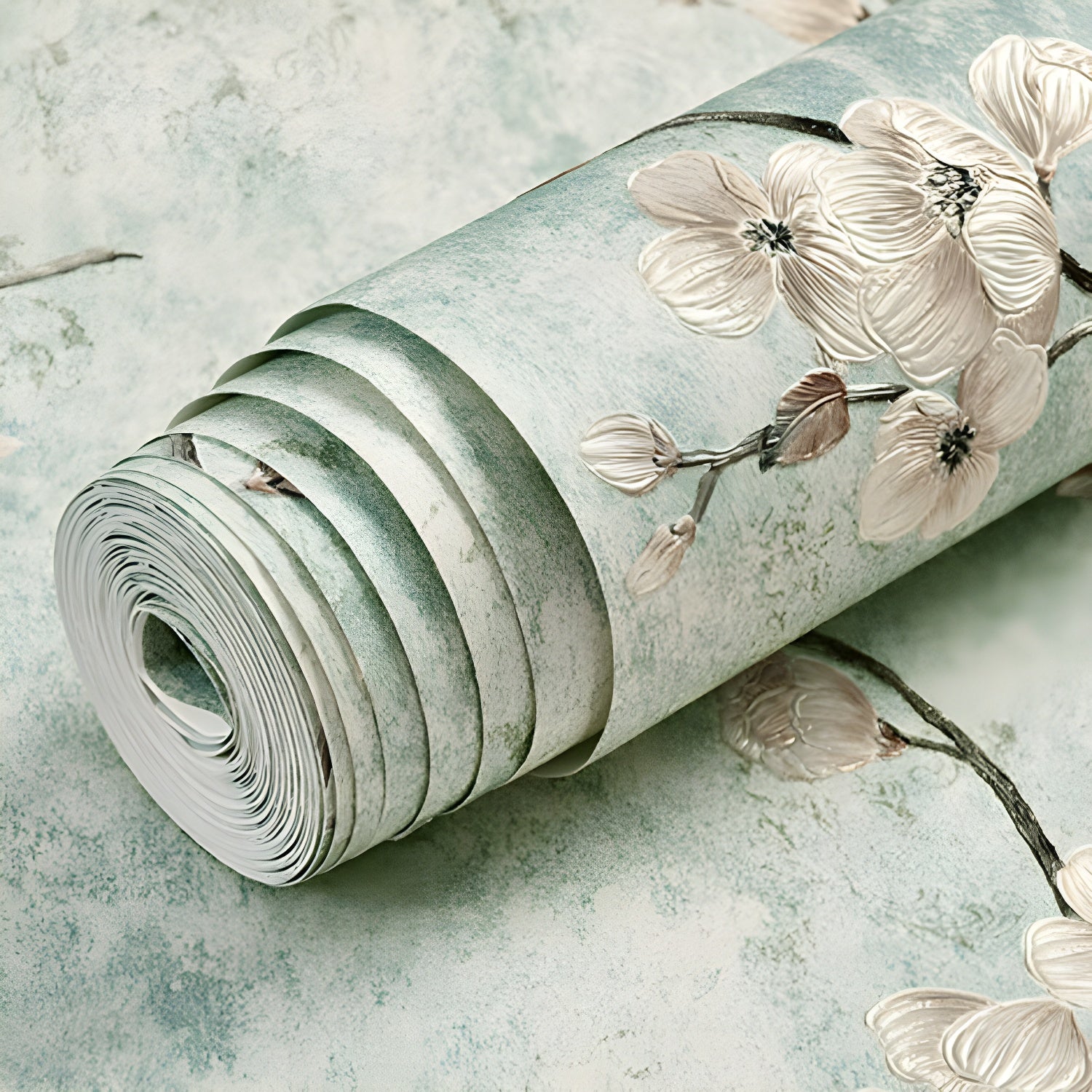 Neutral Color Countryside Flower Wallpaper Stain-Resistant Wall Covering for Guest Room, Peel and Stick Light Green Clearhalo 'Country wall decor' 'Rustic' 'Wallpaper' Wall Decor' 1042074