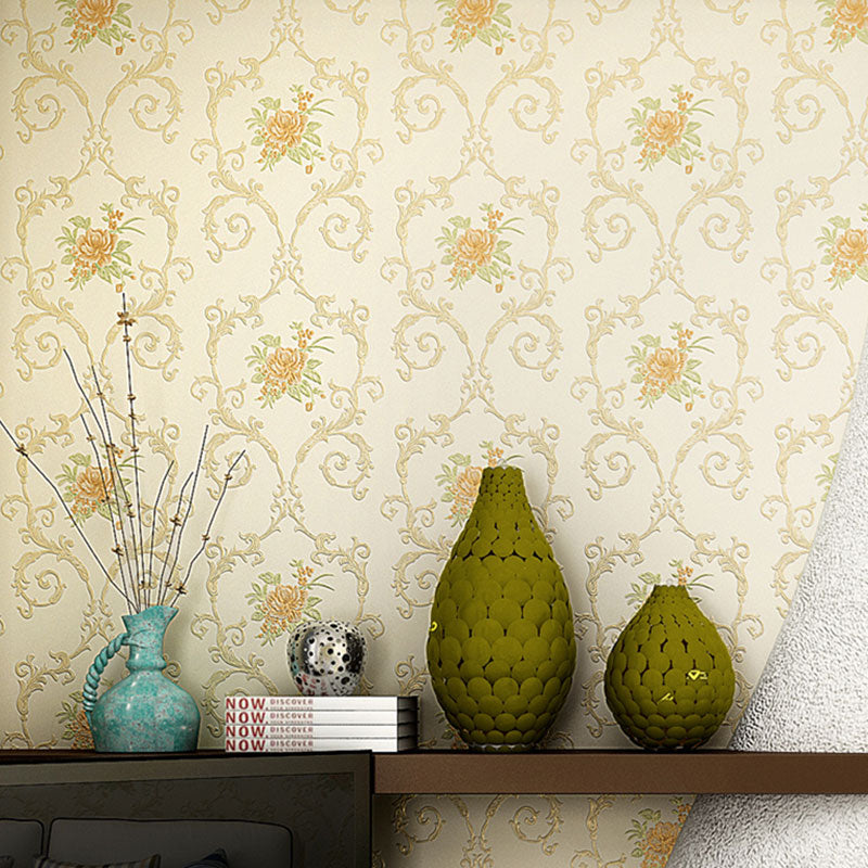 Rural Flowers Self-Adhesive Wallpaper for Accent Wall, 20.5"W x 19.5'L Wall Covering in Natural Color Yellow Clearhalo 'Country wall decor' 'Rustic' 'Wallpaper' Wall Decor' 1042088