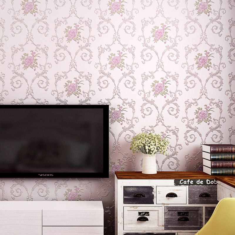Rural Flowers Self-Adhesive Wallpaper for Accent Wall, 20.5"W x 19.5'L Wall Covering in Natural Color Light Purple Clearhalo 'Country wall decor' 'Rustic' 'Wallpaper' Wall Decor' 1042094