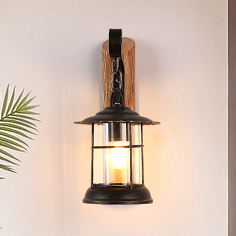Kerosene Dining Room Wall Lighting Fixture Antiqued Clear Glass 1-Head Brown Sconce with Wood Leaf/Key Backplate Clearhalo 'Art deco wall lights' 'Cast Iron' 'Glass' 'Industrial wall lights' 'Industrial' 'Middle century wall lights' 'Modern' 'Rustic wall lights' 'Tiffany' 'Traditional wall lights' 'Wall Lamps & Sconces' 'Wall Lights' Lighting' 1043882