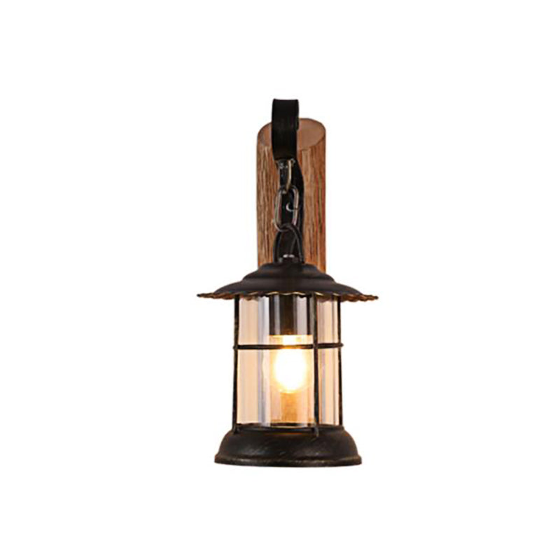 Kerosene Dining Room Wall Lighting Fixture Antiqued Clear Glass 1-Head Brown Sconce with Wood Leaf/Key Backplate Clearhalo 'Art deco wall lights' 'Cast Iron' 'Glass' 'Industrial wall lights' 'Industrial' 'Middle century wall lights' 'Modern' 'Rustic wall lights' 'Tiffany' 'Traditional wall lights' 'Wall Lamps & Sconces' 'Wall Lights' Lighting' 1043883
