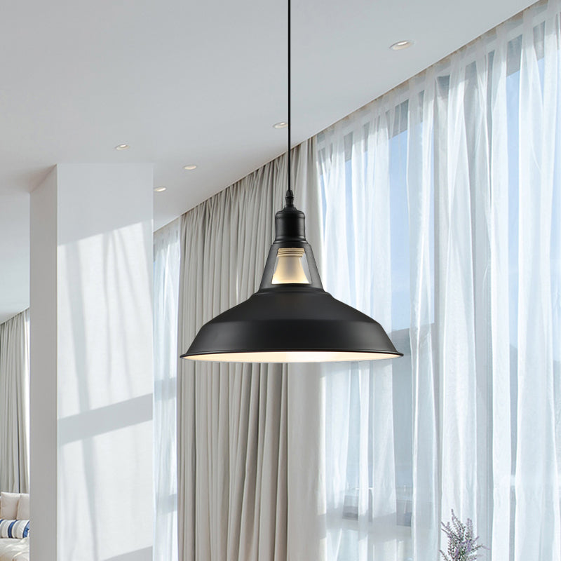 Farmhouse Barn Shade Hanging Lamp 10.5/12/15 Inch Wide 1 Light Metallic Pendant Light Fixture in Black/White for Hotel Clearhalo 'Art Deco Pendants' 'Black' 'Cast Iron' 'Ceiling Lights' 'Ceramic' 'Crystal' 'Industrial Pendants' 'Industrial' 'Metal' 'Middle Century Pendants' 'Pendant Lights' 'Pendants' 'Rustic Pendants' 'Tiffany' Lighting' 1044133