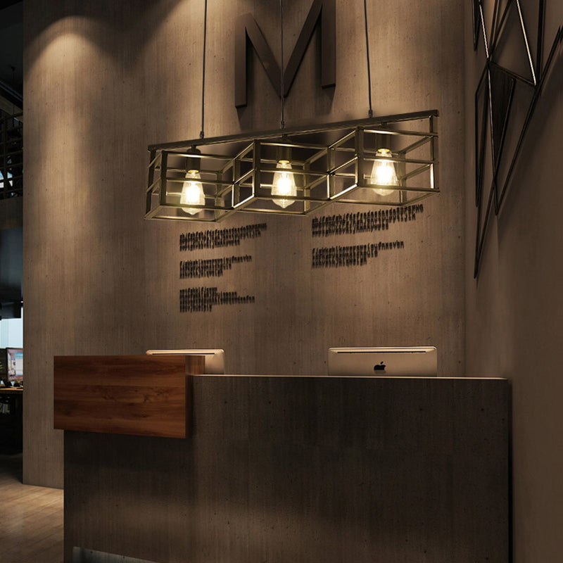 Black Linear Cage Suspension Light Vintage Industrial Metal 3 Bulbs Hallway Pendant Lamp Black Clearhalo 'Art Deco Pendants' 'Black' 'Cast Iron' 'Ceiling Lights' 'Ceramic' 'Crystal' 'Industrial Pendants' 'Industrial' 'Metal' 'Middle Century Pendants' 'Pendant Lights' 'Pendants' 'Rustic Pendants' 'Tiffany' Lighting' 104681