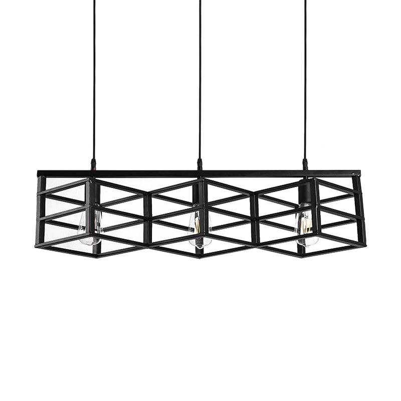 Black Linear Cage Suspension Light Vintage Industrial Metal 3 Bulbs Hallway Pendant Lamp Clearhalo 'Art Deco Pendants' 'Black' 'Cast Iron' 'Ceiling Lights' 'Ceramic' 'Crystal' 'Industrial Pendants' 'Industrial' 'Metal' 'Middle Century Pendants' 'Pendant Lights' 'Pendants' 'Rustic Pendants' 'Tiffany' Lighting' 104683