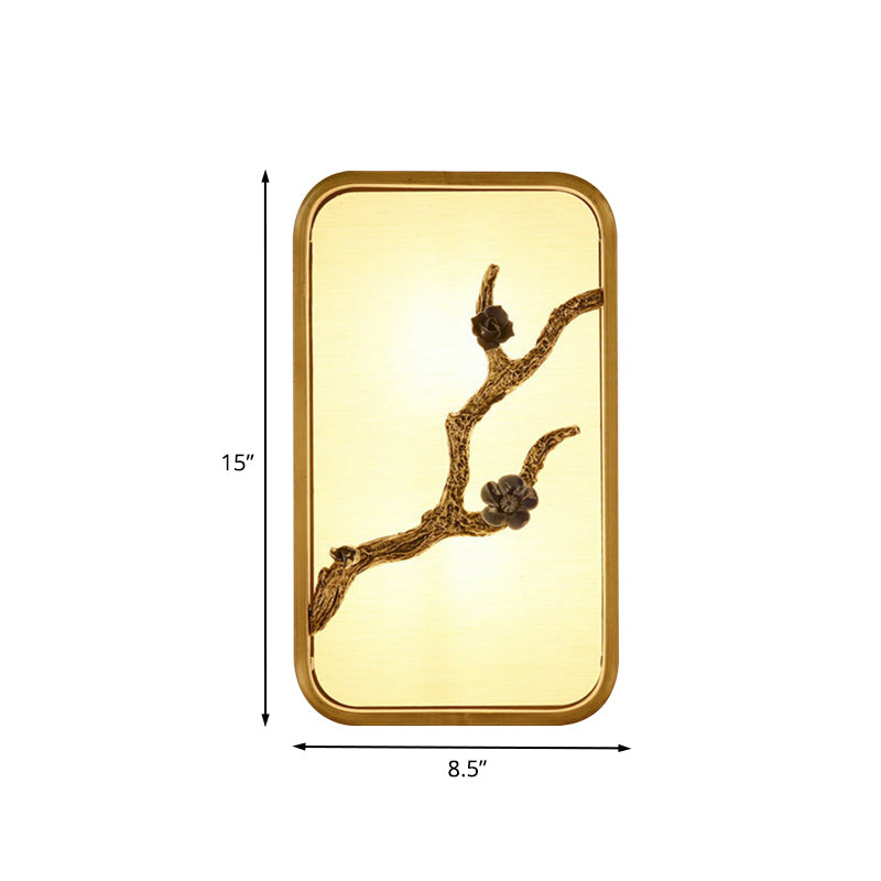 15"/23" H Rectangle Wall Mural Lighting Asian Fabric Gold LED Wall Lamp with Flower Branch Decoration Clearhalo 'Wall Lamps & Sconces' 'Wall Lights' Lighting' 1047573
