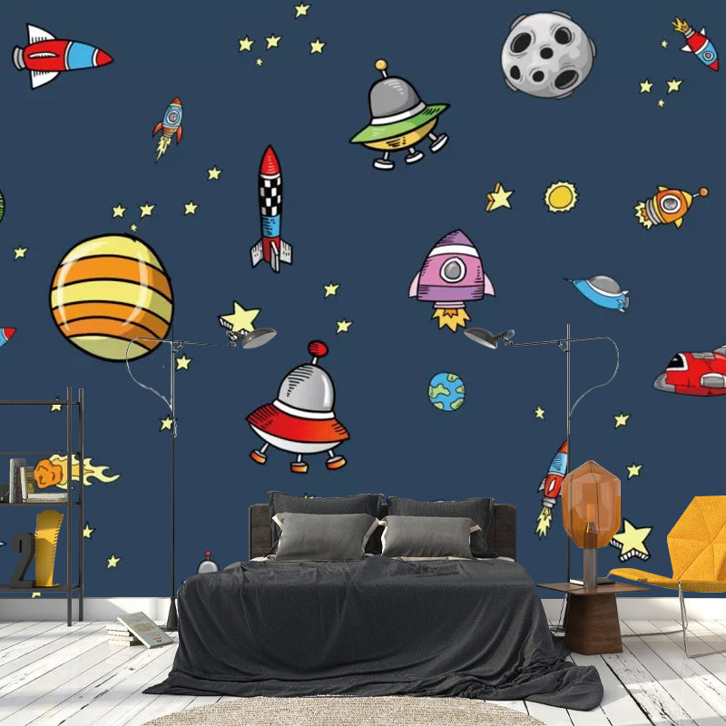 Whole Rocket and Planet Mural for Children Stars Wall Covering in Dark Blue, Stain-Resistant Clearhalo 'Wall Decor' 'Wall Mural' 1048625
