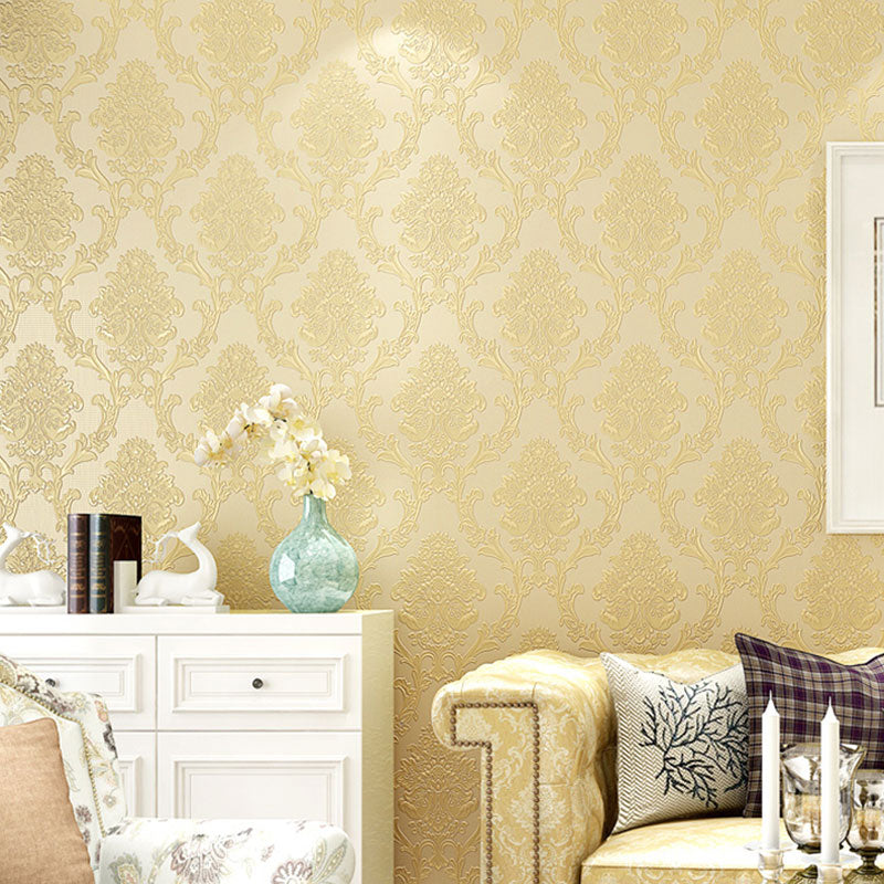 Classic Damask Design Wallpaper Guest Room Decorative Self-Adhesive Wall Covering, 20.5"W x 19.5'L Yellow Clearhalo 'Vintage wall decor' 'Vintage' 'Wallpaper' Wall Decor' 1049138