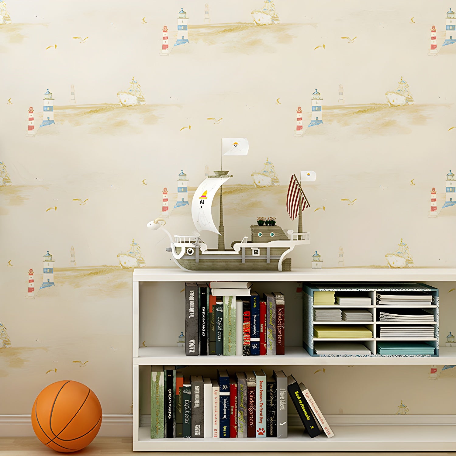 Sailing Boats Wallpaper Roll for Kid's Bedroom Minimalist Wall Covering, 33-foot x 20.5-inch Beige Clearhalo 'Wall Decor' 'Wallpaper' 1049278