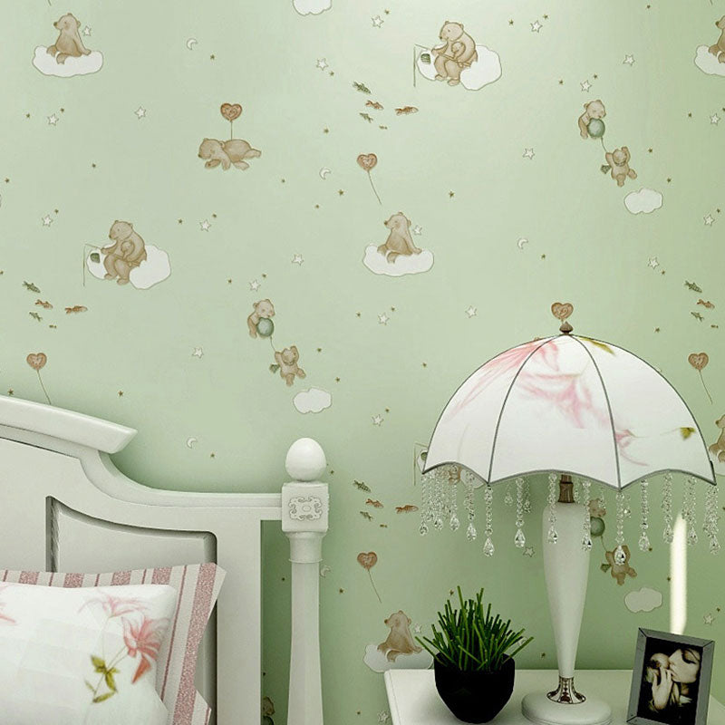 Simplicity Cartoon Bear Wallpaper in Soft Color Children's Bedroom Wall Decor, 31'L x 20.5"W Light Green Clearhalo 'Wall Decor' 'Wallpaper' 1049321