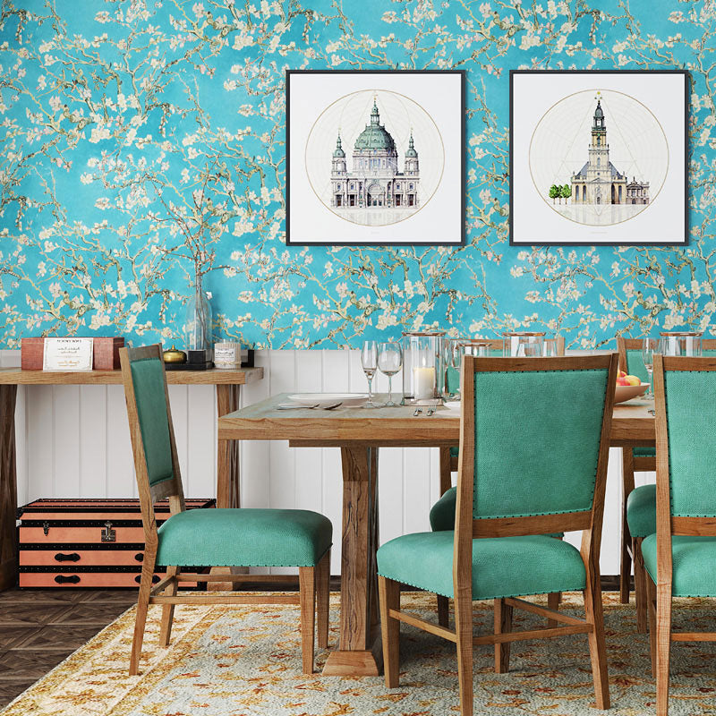 Blue and White Rural Wallpaper 20.5"W x 33'L Apricot Flower Wall Decor for Dining Room Clearhalo 'Country wall decor' 'Rustic' 'Wallpaper' Wall Decor' 1062262