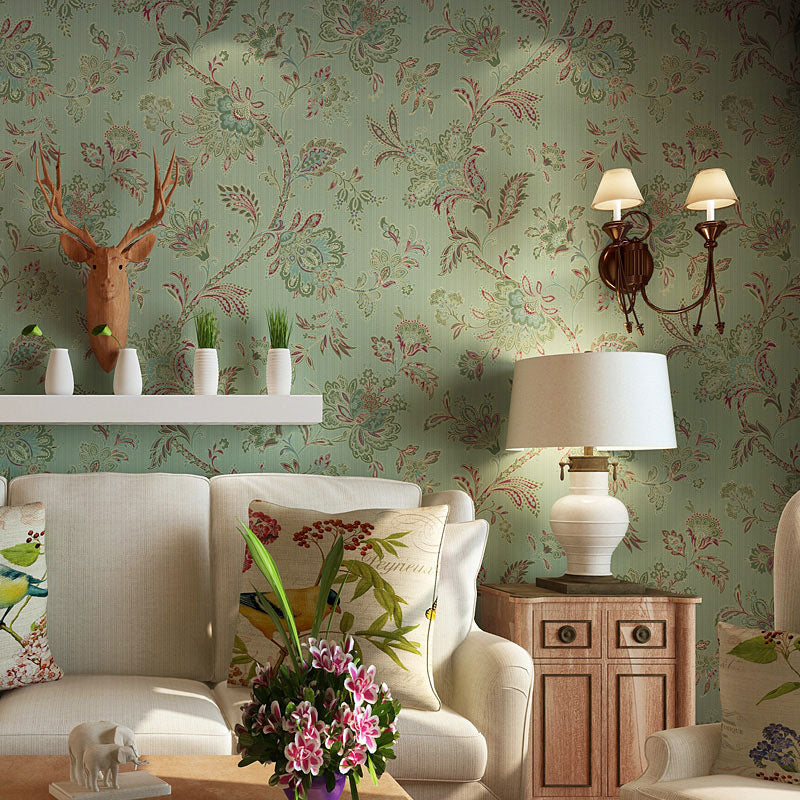 Entwined Blossoms Wallpaper Roll 33 ft. x 20.5 in Wall Covering for Bedroom in Grey and Green Clearhalo 'Country wall decor' 'Rustic' 'Wallpaper' Wall Decor' 1062308