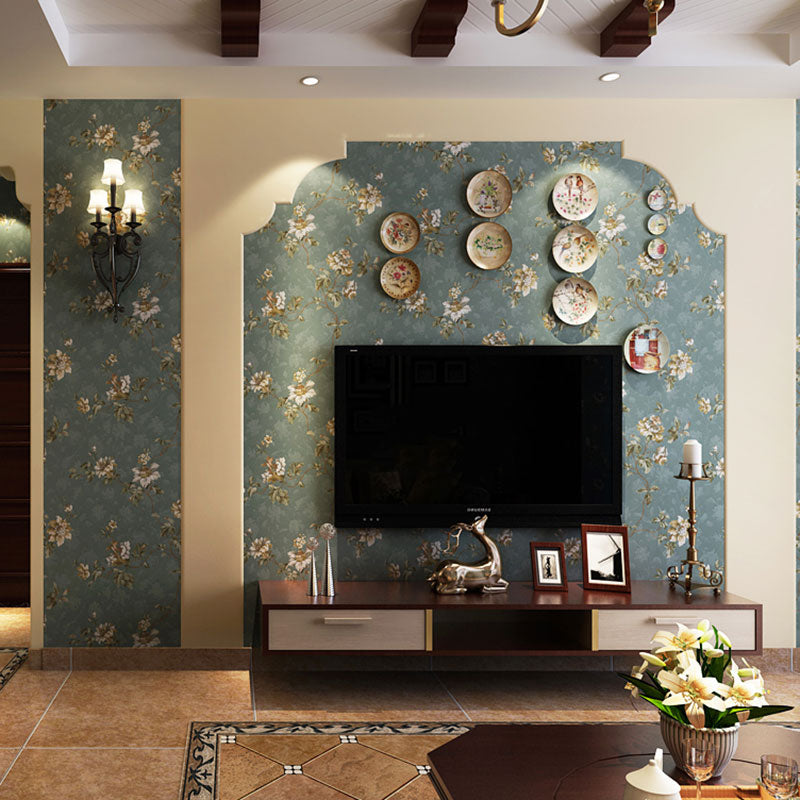 Rural Blossoms Wallpaper Roll for Home Decoration, 57.1 sq ft. Wall Covering in Green and Blue Clearhalo 'Country wall decor' 'Rustic' 'Wallpaper' Wall Decor' 1062314