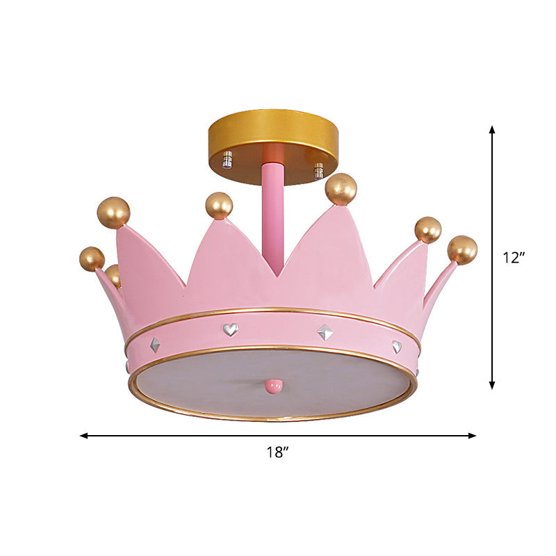 Pink Finish Crown Shaped Semi Flush Light Cartoon LED Metallic Flush Mounted Lamp Fixture Clearhalo 'Ceiling Lights' 'Close To Ceiling Lights' 'Close to ceiling' 'Semi-flushmount' Lighting' 1062356