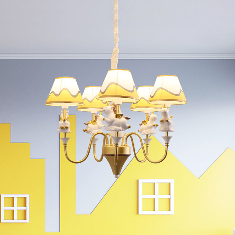Conic Fabric Shade Ceiling Chandelier Cartoon 5 Lights Pink/Blue/Gold Finish Pendulum Lamp with Unicorn Decor Clearhalo 'Ceiling Lights' 'Chandeliers' Lighting' options 1062518