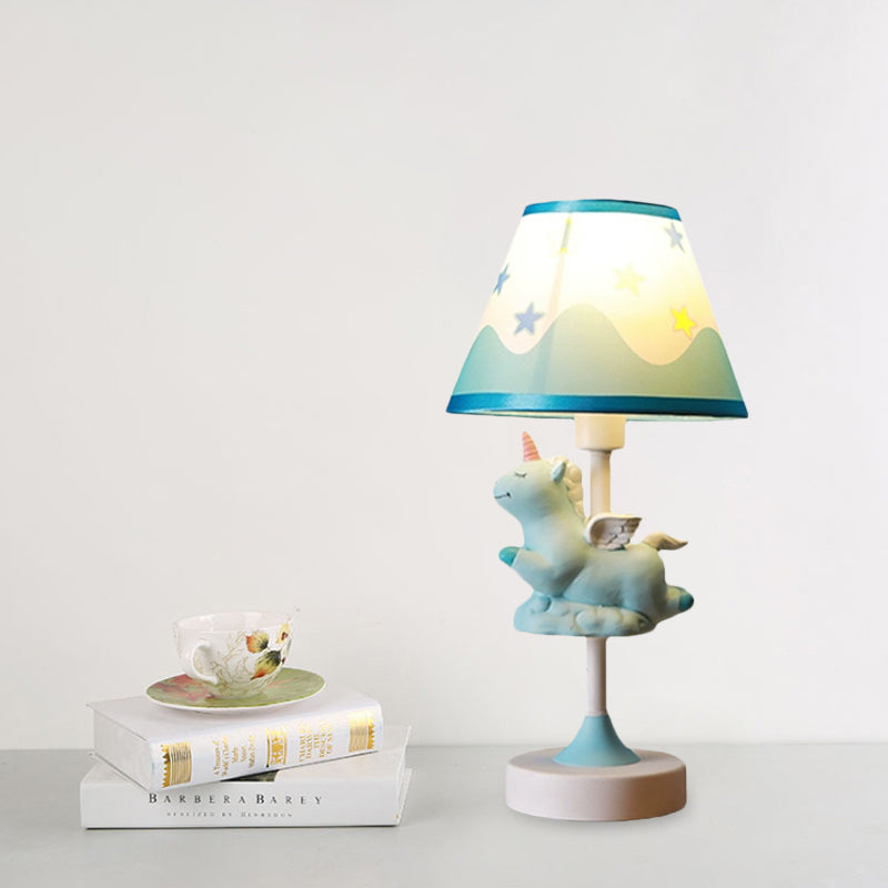 Cartoon 1 Light Table Lighting with Fabric Shade Conical Pink/Blue/Gold Unicorn Nightstand Lamp for Study Room Clearhalo 'Lamps' 'Table Lamps' Lighting' 1062556