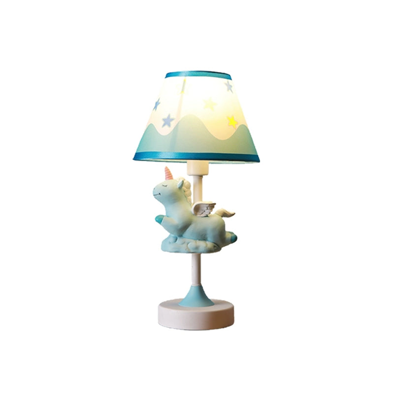 Cartoon 1 Light Table Lighting with Fabric Shade Conical Pink/Blue/Gold Unicorn Nightstand Lamp for Study Room Clearhalo 'Lamps' 'Table Lamps' Lighting' 1062557