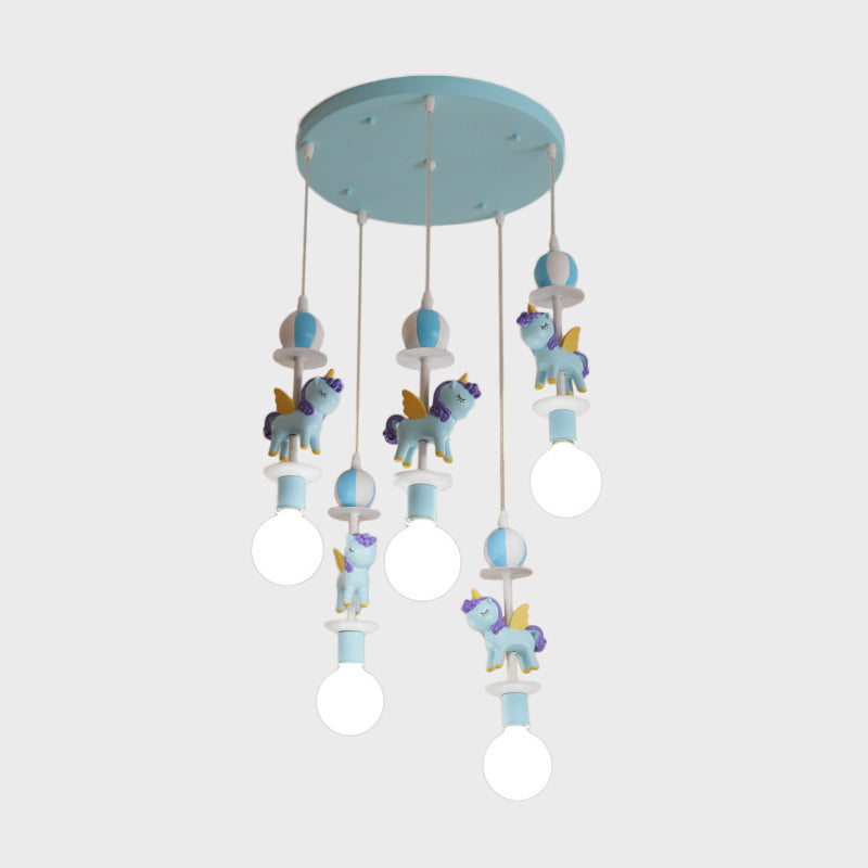 Unicorn Shape Multi Ceiling Light Cartoon Resin 5 Bulbs Pink/Blue Finish Hanging Lamp Kit with Round Canopy Clearhalo 'Ceiling Lights' 'Pendant Lights' 'Pendants' Lighting' 1062570