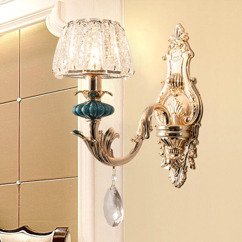 Gold Small Drum Wall Mount Lighting Traditional Seedy Crystal 1/2-Bulb Bedroom Wall Lamp Fixture Clearhalo 'Cast Iron' 'Glass' 'Industrial' 'Modern wall lights' 'Modern' 'Tiffany' 'Traditional wall lights' 'Wall Lamps & Sconces' 'Wall Lights' Lighting' 1062841