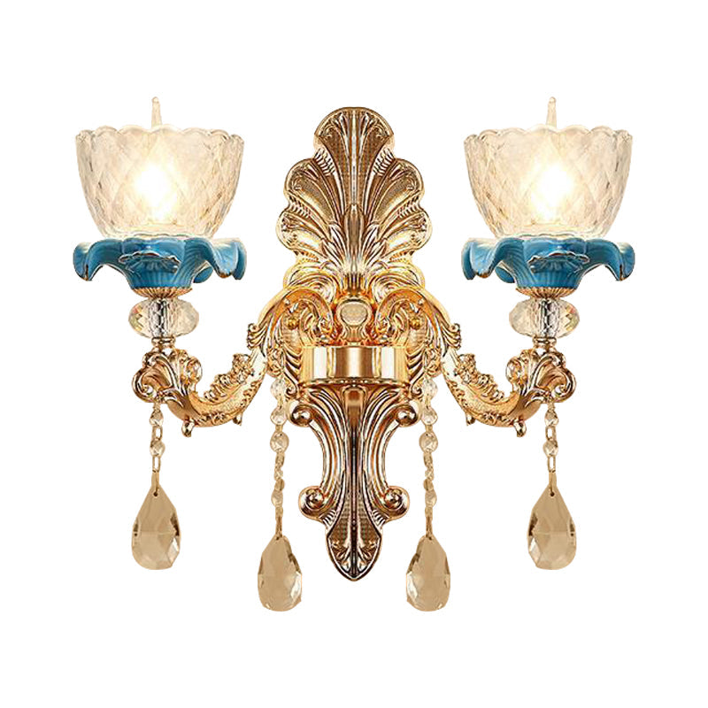 Clear Latticed Glass Flower Sconce Lamp Mid Century 1/2-Head Living Room Wall Mounted Lamp in Gold Clearhalo 'Wall Lamps & Sconces' 'Wall Lights' Lighting' 1062856