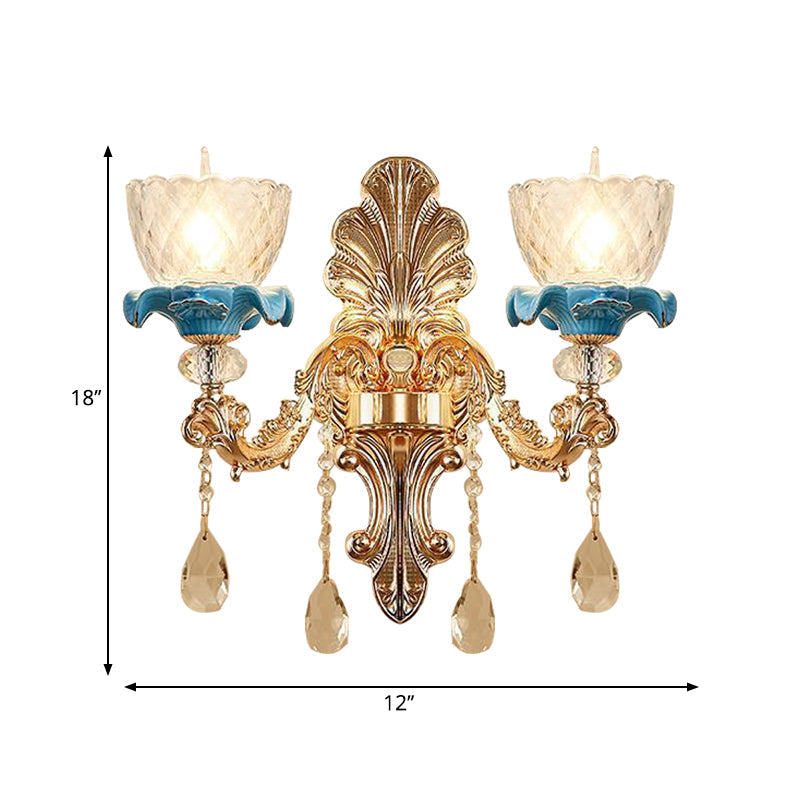 Clear Latticed Glass Flower Sconce Lamp Mid Century 1/2-Head Living Room Wall Mounted Lamp in Gold Clearhalo 'Wall Lamps & Sconces' 'Wall Lights' Lighting' 1062857