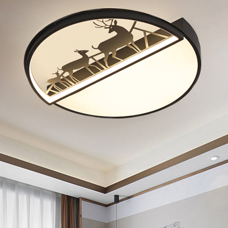 Circle Flush Mount Recessed Lighting Nordic Acrylic Bedroom LED Ceiling Lamp with Deer Silhouette in Grey/Black/White Black Clearhalo 'Ceiling Lights' 'Close To Ceiling Lights' 'Close to ceiling' 'Flush mount' Lighting' 1062903