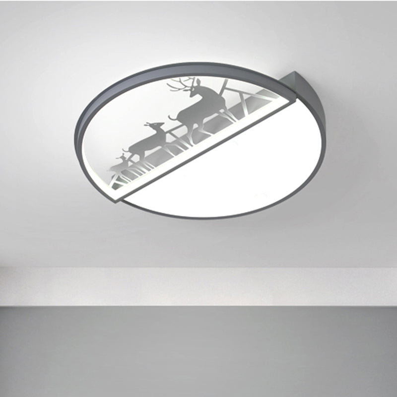 Circle Flush Mount Recessed Lighting Nordic Acrylic Bedroom LED Ceiling Lamp with Deer Silhouette in Grey/Black/White Grey Clearhalo 'Ceiling Lights' 'Close To Ceiling Lights' 'Close to ceiling' 'Flush mount' Lighting' 1062911