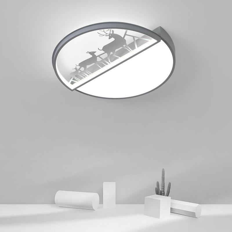 Circle Flush Mount Recessed Lighting Nordic Acrylic Bedroom LED Ceiling Lamp with Deer Silhouette in Grey/Black/White Clearhalo 'Ceiling Lights' 'Close To Ceiling Lights' 'Close to ceiling' 'Flush mount' Lighting' 1062912