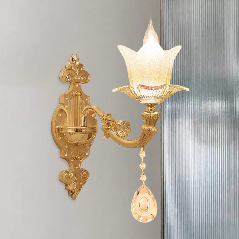 Scalloped Bedside Wall Lamp Traditional Frosted Glass 1/2-Bulb Gold Sconce Light Fixture 1.0 Gold Clearhalo 'Wall Lamps & Sconces' 'Wall Lights' Lighting' 1063111